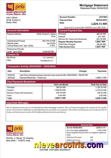 India Punjab National Bank mortgage statement Word and PDF template
